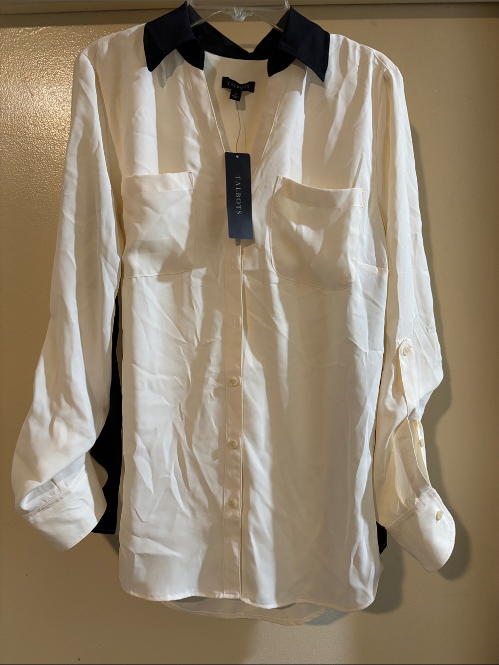Talbots White Shirt Jacket with Black Contrast Collar